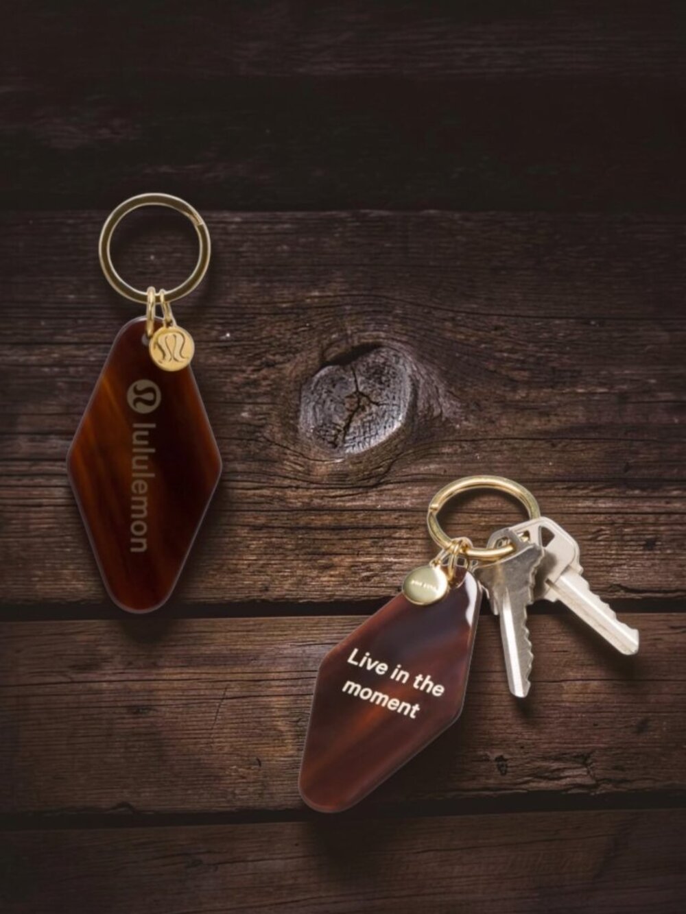 Lululemon Retro Hotel Diamond Keychain Ring Brown Gold NWT